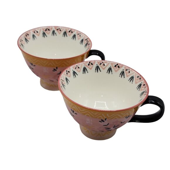 Bloom Pottery Set of 2 Pedestal Ceramic Tea Cups Coffee Mug Hand-Painted Floral - Picture 2 of 16